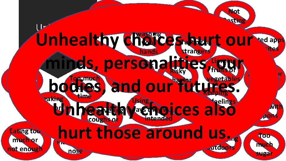 Alcohol Unhealthy Choices Illegal Drugs Not washing your hands Not Resting Unhealthy choices hurt