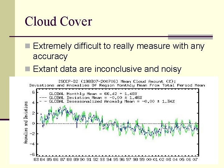 Cloud Cover n Extremely difficult to really measure with any accuracy n Extant data