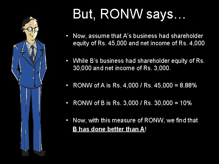 But, RONW says… • Now, assume that A’s business had shareholder equity of Rs.