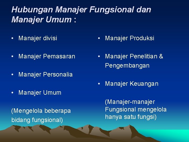 Hubungan Manajer Fungsional dan Manajer Umum : • Manajer divisi • Manajer Produksi •