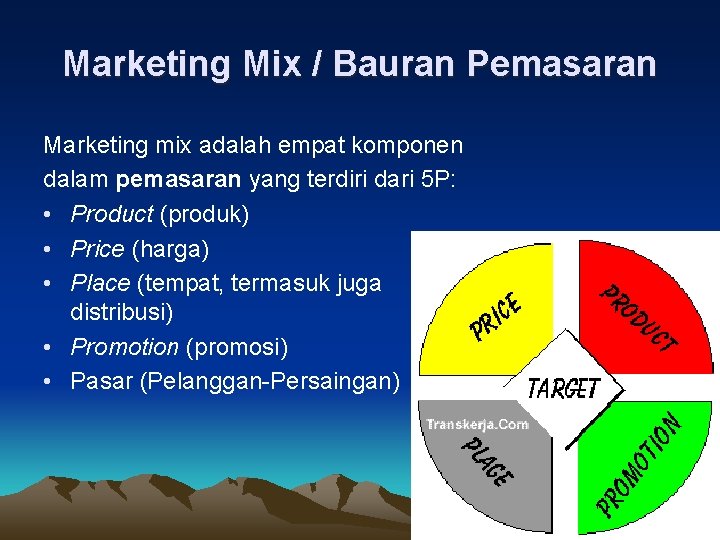 Marketing Mix / Bauran Pemasaran Marketing mix adalah empat komponen dalam pemasaran yang terdiri