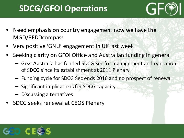 SDCG/GFOI Operations • Need emphasis on country engagement now we have the MGD/REDDcompass •