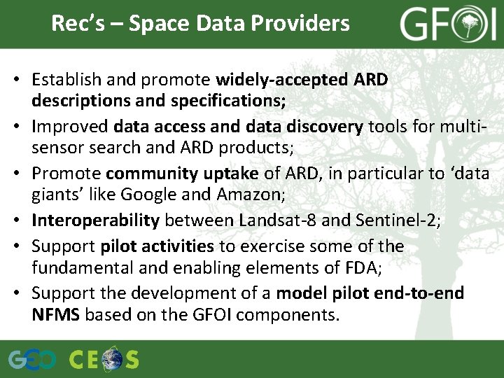 Rec’s – Space Data Providers • Establish and promote widely-accepted ARD descriptions and specifications;