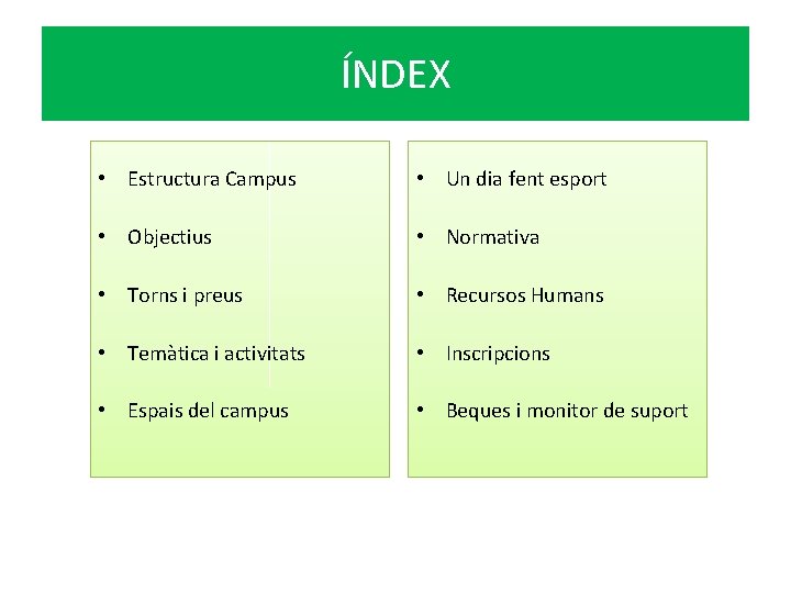 ÍNDEX • Estructura Campus • Un dia fent esport • Objectius • Normativa •