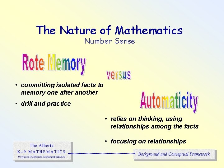 The Nature of Mathematics Number Sense • committing isolated facts to memory one after