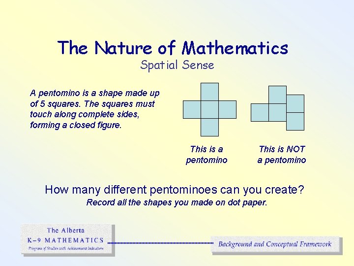 The Nature of Mathematics Spatial Sense A pentomino is a shape made up of