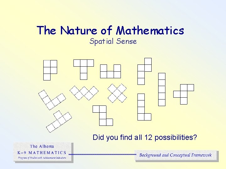 The Nature of Mathematics Spatial Sense Did you find all 12 possibilities? 