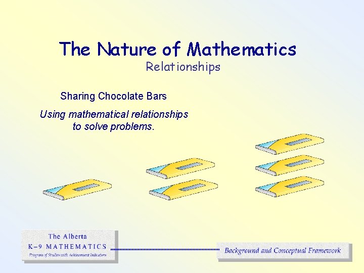 The Nature of Mathematics Relationships Sharing Chocolate Bars Using mathematical relationships to solve problems.