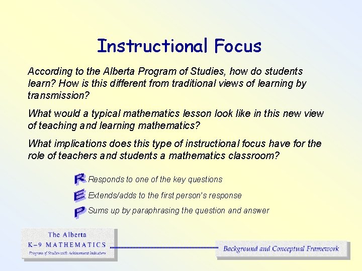 Instructional Focus According to the Alberta Program of Studies, how do students learn? How