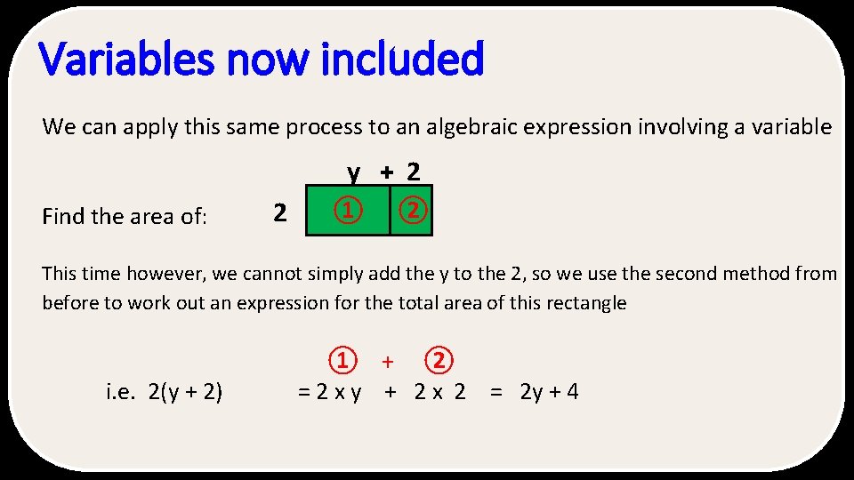 Variables now included We can apply this same process to an algebraic expression involving