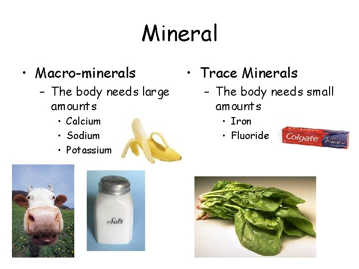 Mineral • Macro-minerals – The body needs large amounts • Calcium • Sodium •