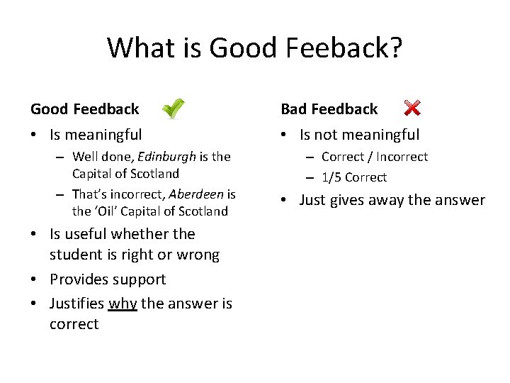 What is Good Feeback? Good Feedback Bad Feedback • Is meaningful • Is not