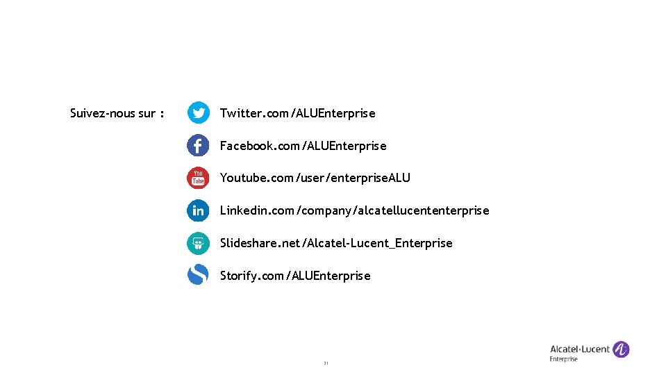 Suivez-nous sur : Twitter. com/ALUEnterprise Facebook. com/ALUEnterprise Youtube. com/user/enterprise. ALU Linkedin. com/company/alcatellucententerprise Slideshare. net/Alcatel-Lucent_Enterprise