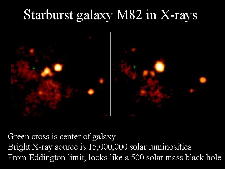 Starburst galaxy M 82 in X-rays Green cross is center of galaxy Bright X-ray