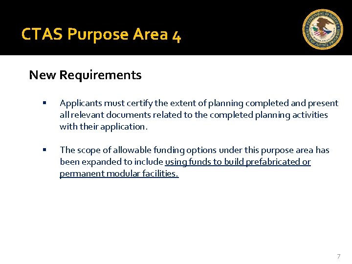 CTAS Purpose Area 4 New Requirements Applicants must certify the extent of planning completed