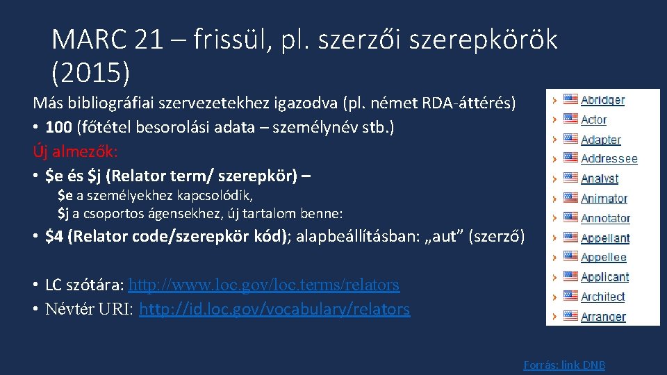 MARC 21 – frissül, pl. szerzői szerepkörök (2015) Más bibliográfiai szervezetekhez igazodva (pl. német