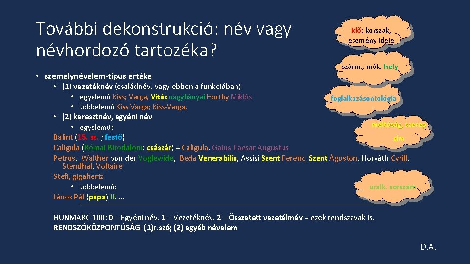 További dekonstrukció: név vagy névhordozó tartozéka? • személynévelem-típus értéke idő: korszak, esemény ideje szárm.