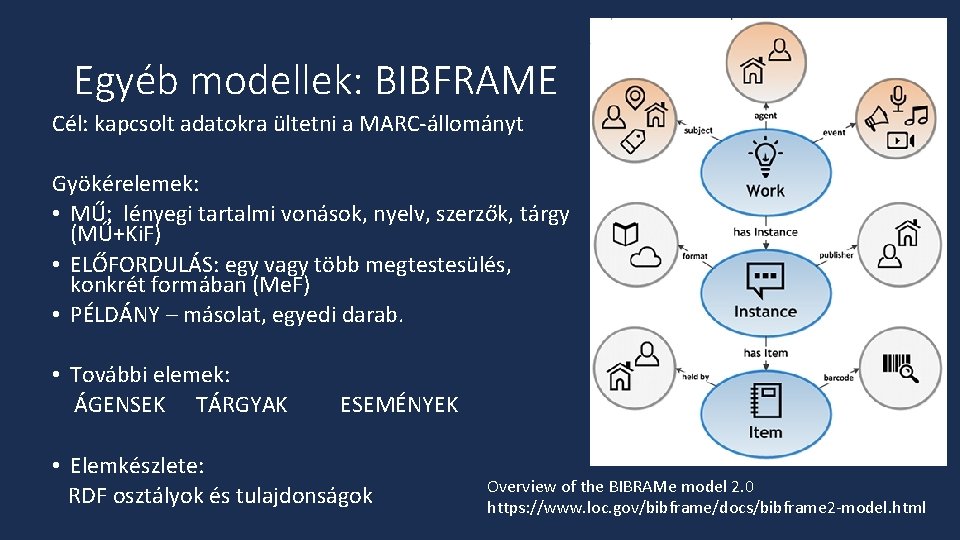 Egyéb modellek: BIBFRAME Cél: kapcsolt adatokra ültetni a MARC-állományt Gyökérelemek: • MŰ: lényegi tartalmi