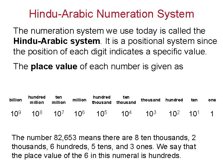 Hindu-Arabic Numeration System The numeration system we use today is called the Hindu-Arabic system.