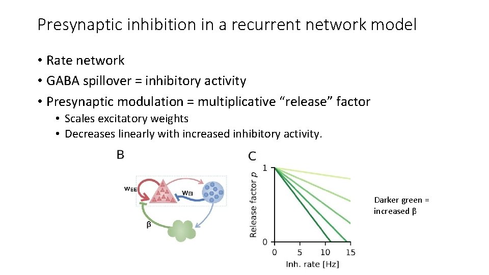 Presynaptic inhibition in a recurrent network model • Rate network • GABA spillover =