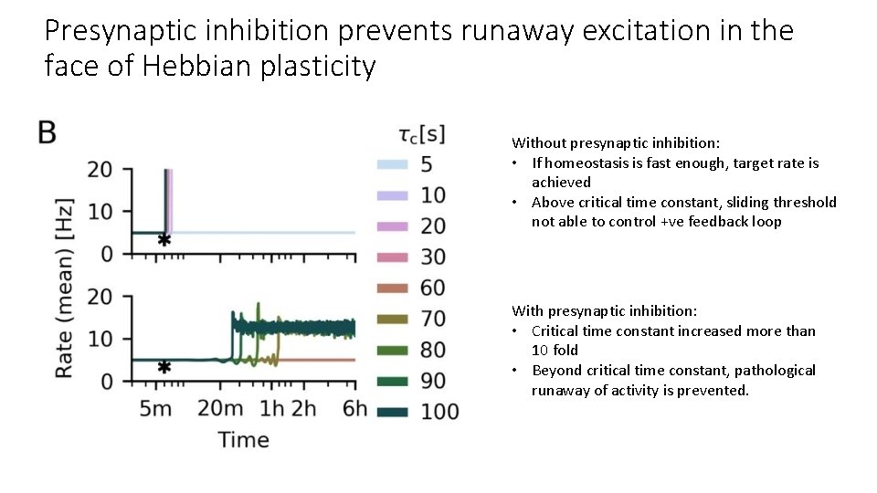 Presynaptic inhibition prevents runaway excitation in the face of Hebbian plasticity Without presynaptic inhibition: