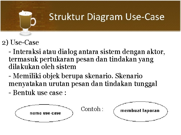 Struktur Diagram Use-Case 2) Use-Case - Interaksi atau dialog antara sistem dengan aktor, termasuk