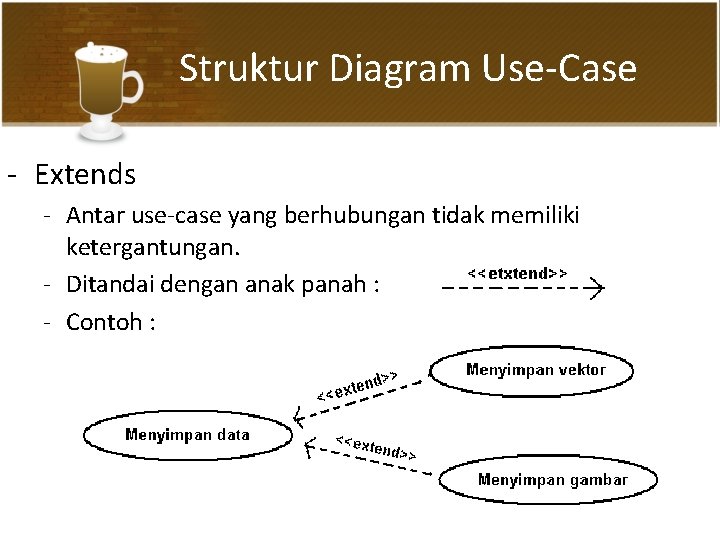 Struktur Diagram Use-Case - Extends - Antar use-case yang berhubungan tidak memiliki ketergantungan. - Struktur Diagram Use-Case - Extends - Antar use-case yang berhubungan tidak memiliki ketergantungan. -
