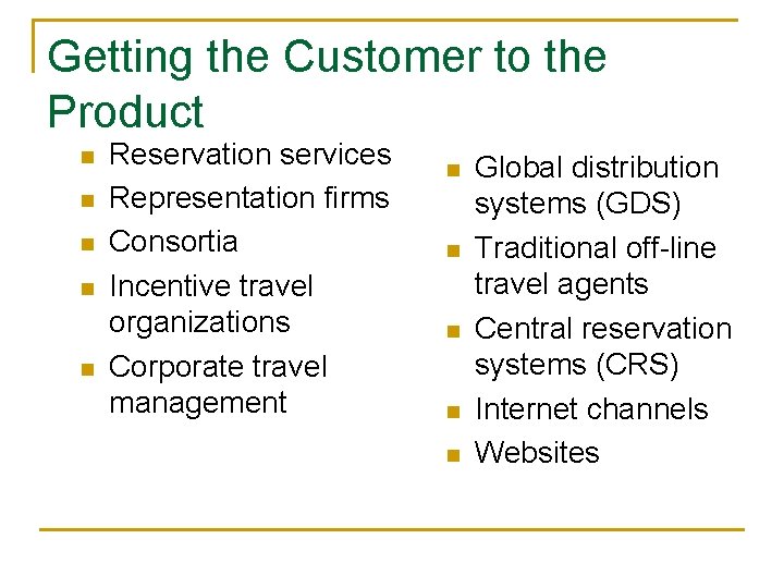 Getting the Customer to the Product n n n Reservation services Representation firms Consortia