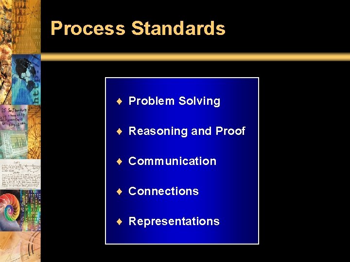 Process Standards ¨ Problem Solving ¨ Reasoning and Proof ¨ Communication ¨ Connections ¨