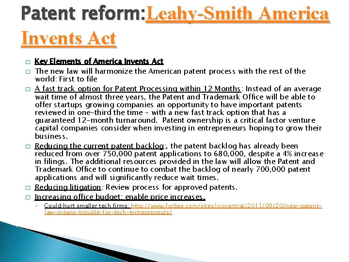 Patent reform: Leahy-Smith America Invents Act � � � Key Elements of America Invents