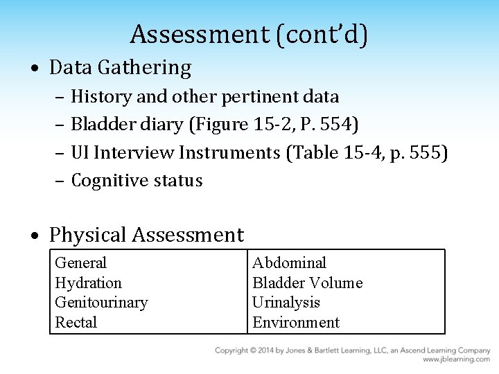 Assessment (cont’d) • Data Gathering – History and other pertinent data – Bladder diary