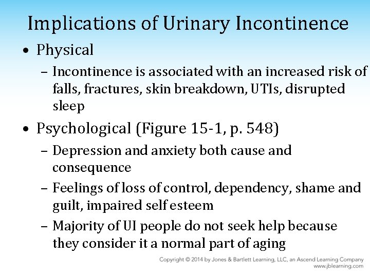 Implications of Urinary Incontinence • Physical – Incontinence is associated with an increased risk