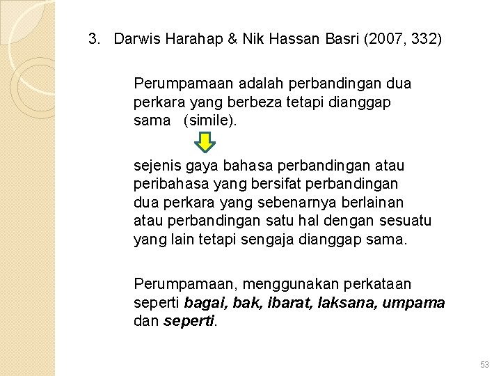 3. Darwis Harahap & Nik Hassan Basri (2007, 332) Perumpamaan adalah perbandingan dua perkara