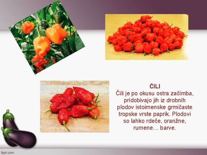 ČILI Čili je po okusu ostra začimba, pridobivajo jih iz drobnih plodov istoimenske grmičaste