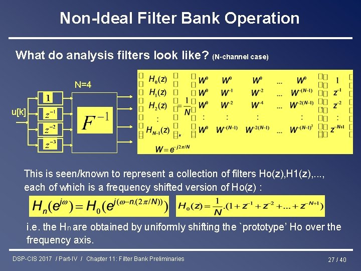 Non-Ideal Filter Bank Operation What do analysis filters look like? (N-channel case) N=4 u[k]