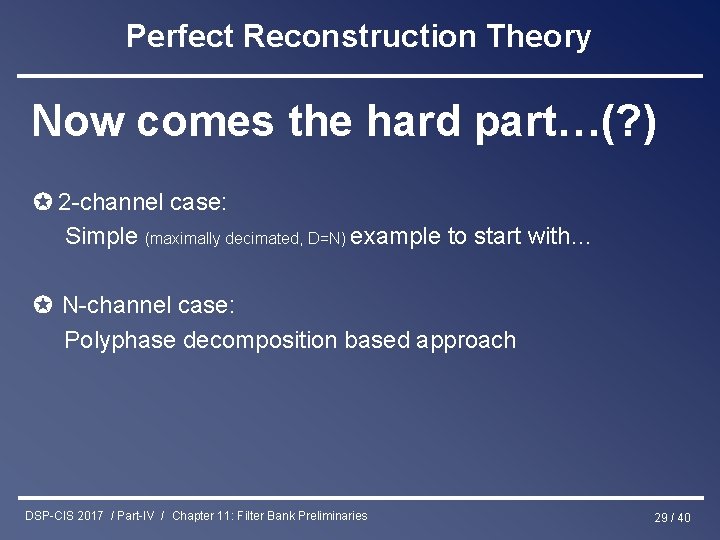 Perfect Reconstruction Theory Now comes the hard part…(? ) ✪ 2 -channel case: Simple