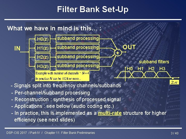 Filter Bank Set-Up What we have in mind is this… : IN H 0(z)