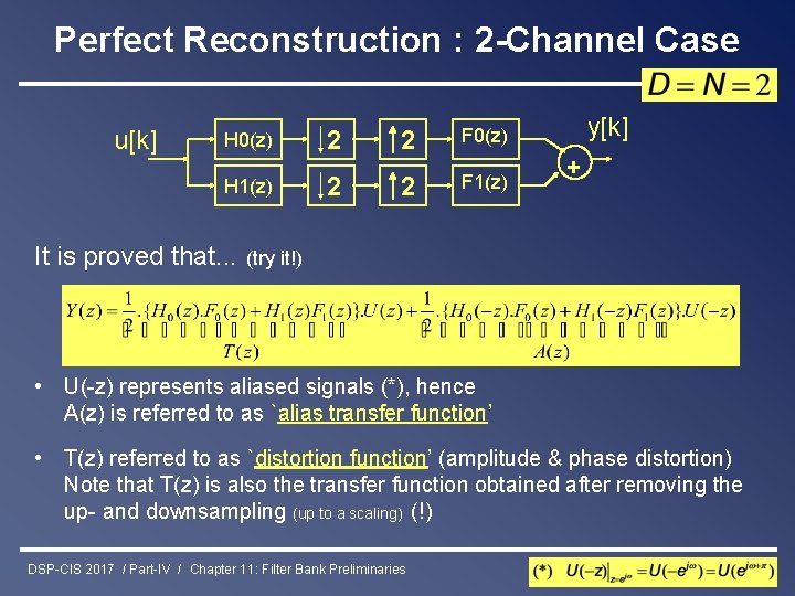 Perfect Reconstruction : 2 -Channel Case u[k] H 0(z) H 1(z) It is proved