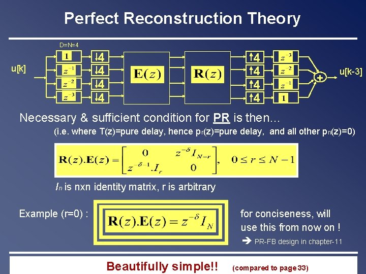 Perfect Reconstruction Theory D=N=4 4 4 u[k] 4 4 + u[k-3] Necessary & sufficient