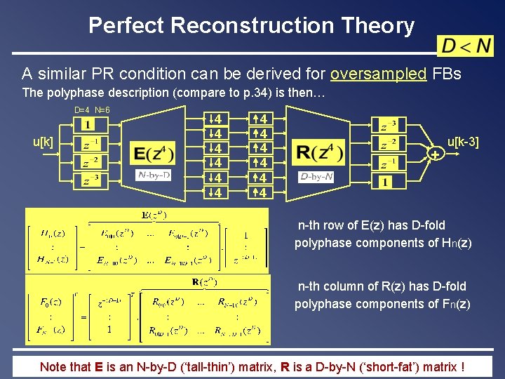 Perfect Reconstruction Theory A similar PR condition can be derived for oversampled FBs The