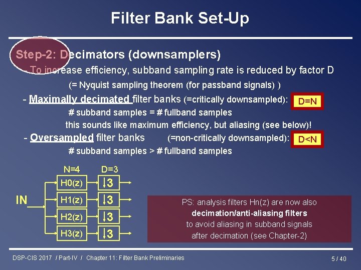 Filter Bank Set-Up Step-2: Decimators (downsamplers) - To increase efficiency, subband sampling rate is