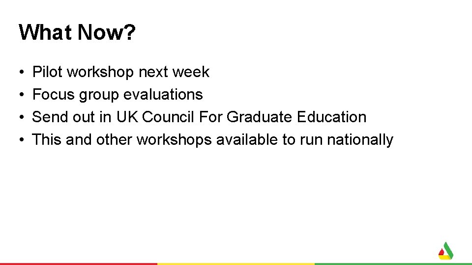 What Now? • • Pilot workshop next week Focus group evaluations Send out in