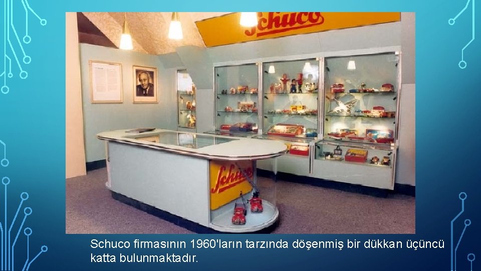 Schuco firmasının 1960'ların tarzında döşenmiş bir dükkan üçüncü katta bulunmaktadır. 