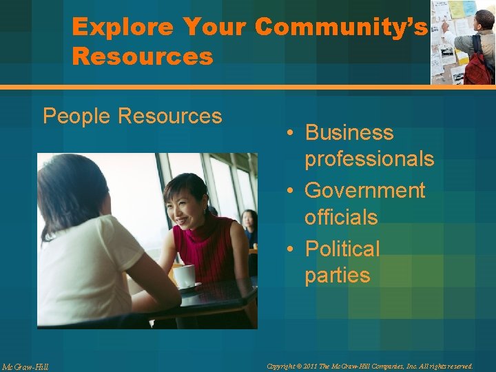 Explore Your Community’s Resources People Resources Mc. Graw-Hill • Business professionals • Government officials