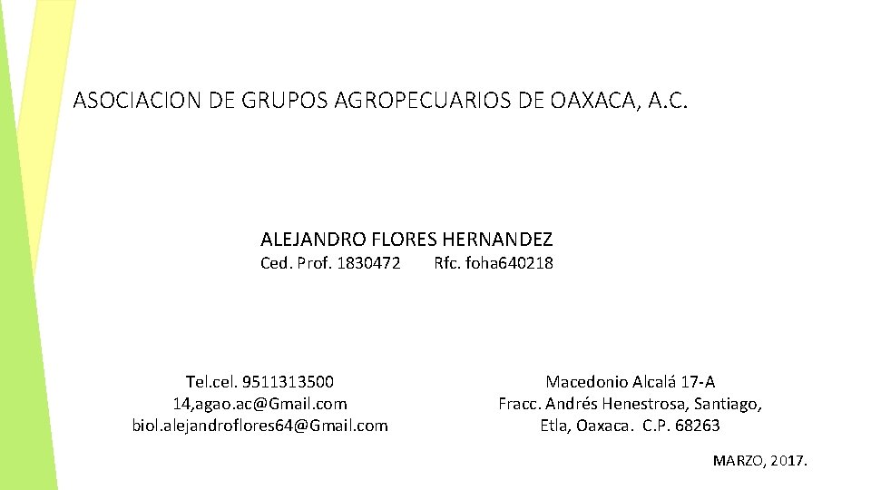 ASOCIACION DE GRUPOS AGROPECUARIOS DE OAXACA, A. C. ALEJANDRO FLORES HERNANDEZ Ced. Prof. 1830472