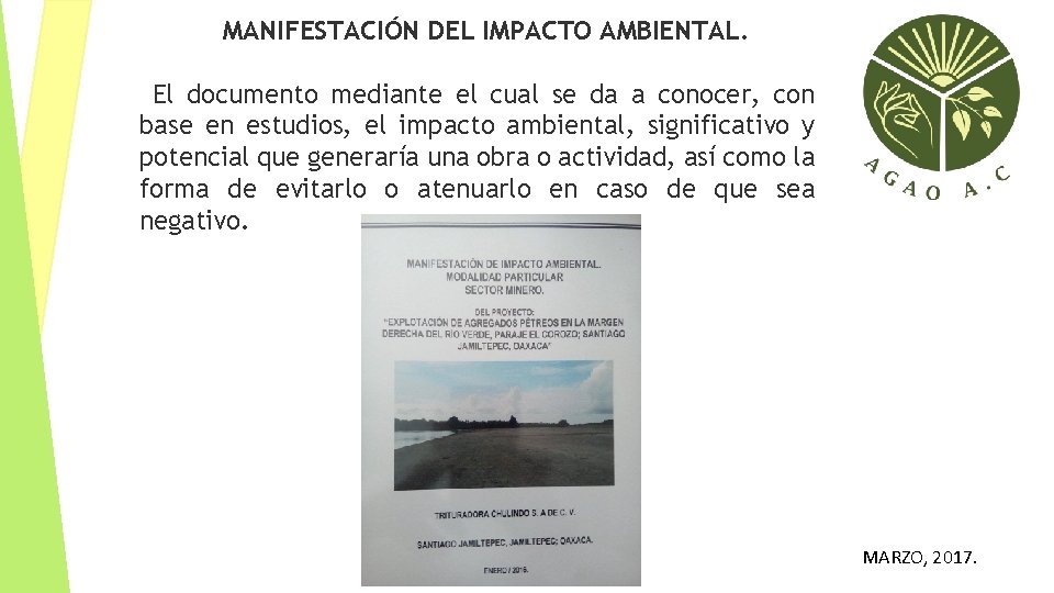 MANIFESTACIÓN DEL IMPACTO AMBIENTAL. El documento mediante el cual se da a conocer, con