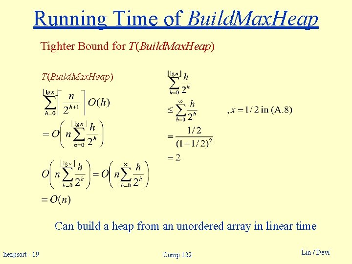 Running Time of Build. Max. Heap Tighter Bound for T(Build. Max. Heap) Can build