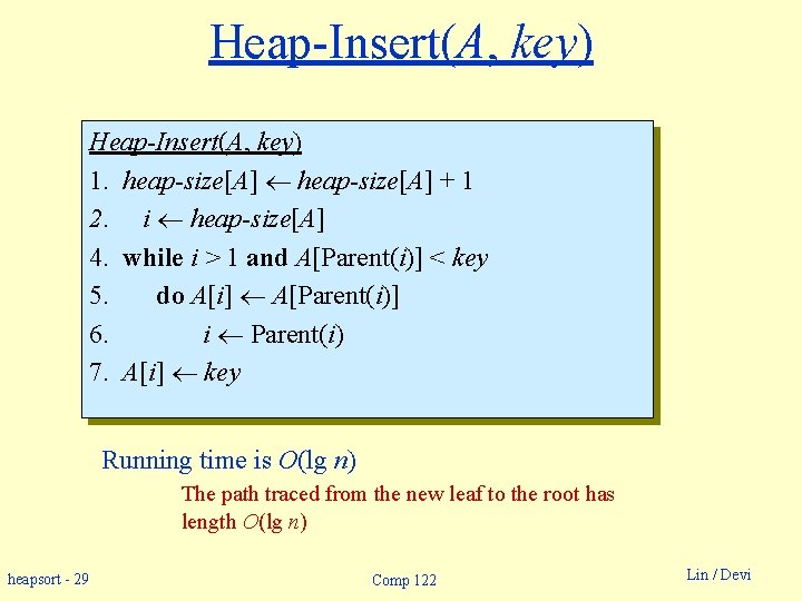 Heap-Insert(A, key) 1. heap-size[A] + 1 2. i heap-size[A] 4. while i > 1