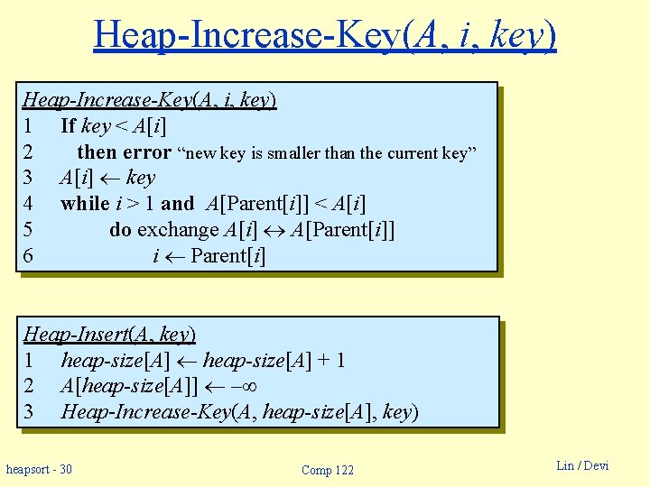 Heap-Increase-Key(A, i, key) 1 If key < A[i] 2 then error “new key is