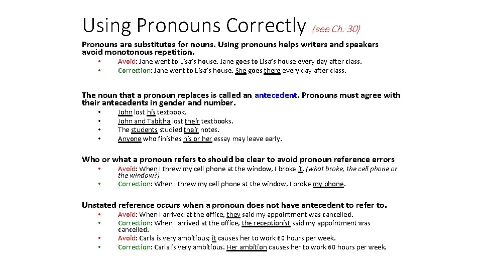 Using Pronouns Correctly (see Ch. 30) Pronouns are substitutes for nouns. Using pronouns helps